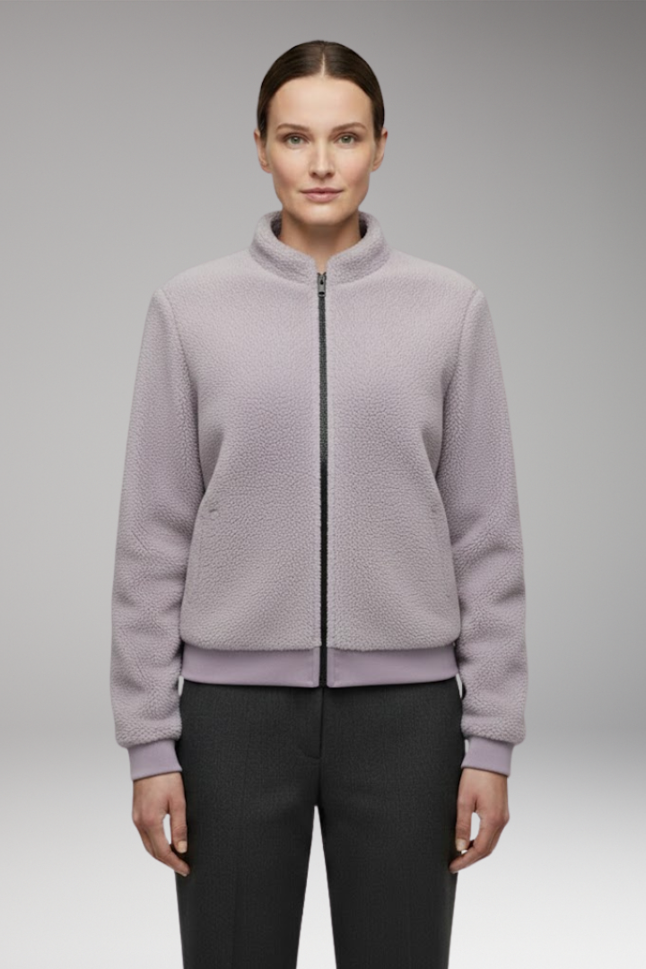 Women's Fleece Bomber Jacket with Stand-Up Collar and Elastic Cuffs
