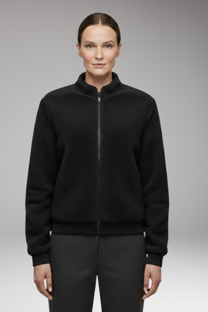 Women's Fleece Bomber Jacket with Stand-Up Collar and Elastic Cuffs
