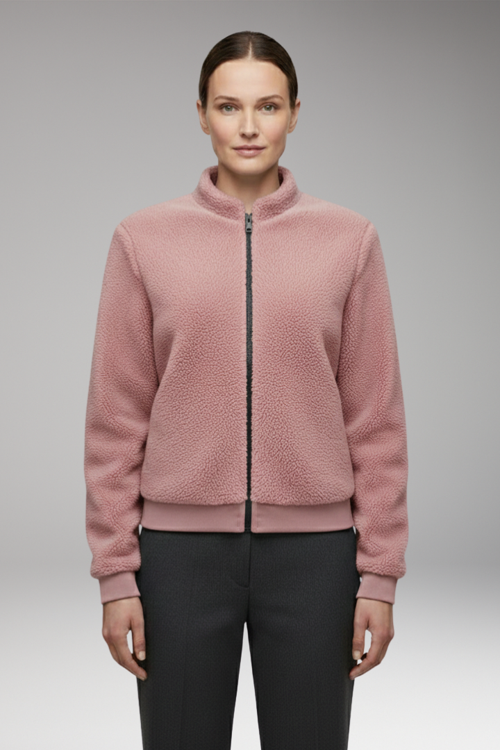 Women's Fleece Bomber Jacket with Stand-Up Collar and Elastic Cuffs