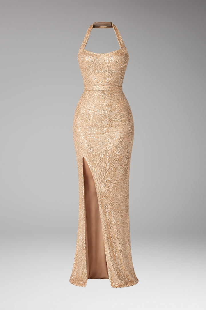Women's Floor-Length Dress with High Slit and Sequin Surface