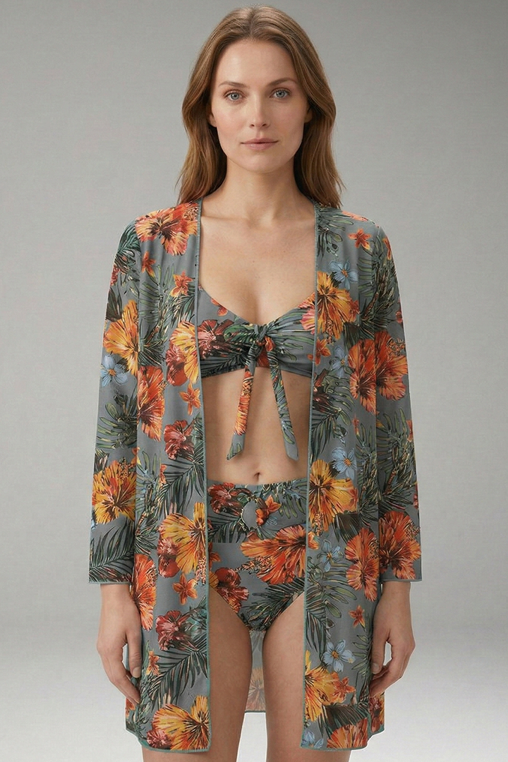 Women's Floral Bikini Set with Tie-Front Top and Cover-Up