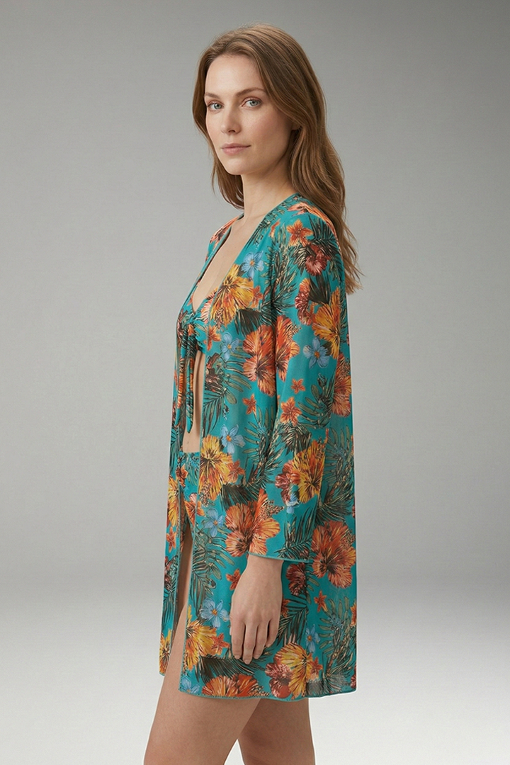 Women's Floral Bikini Set with Tie-Front Top and Cover-Up