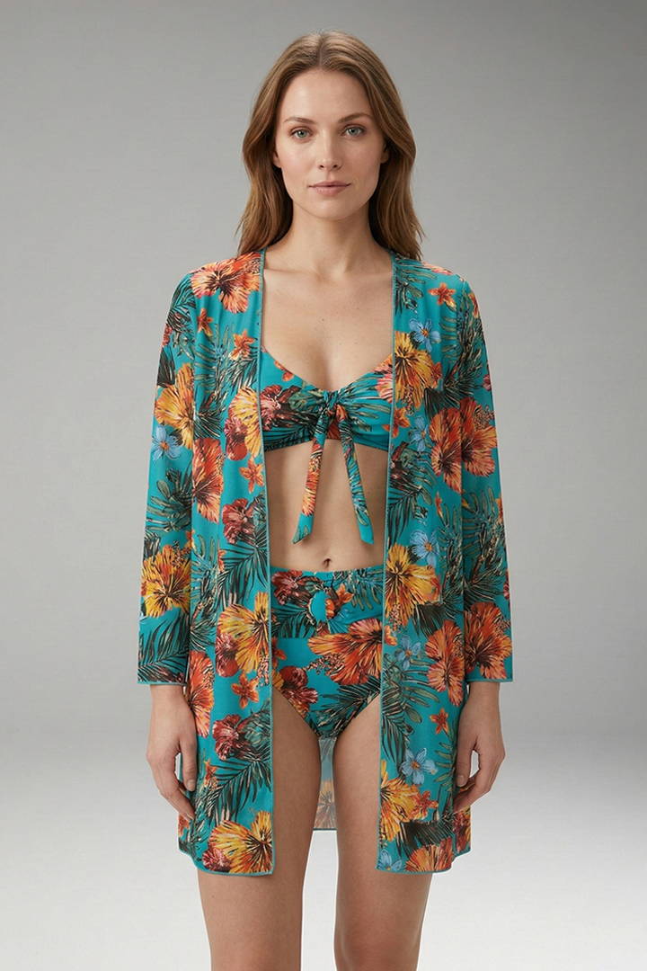Women's Floral Bikini Set with Tie-Front Top and Cover-Up