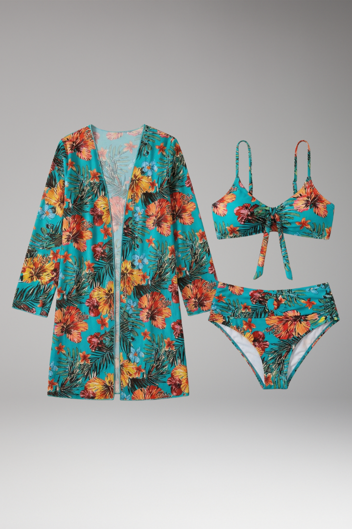 Women's Floral Bikini Set with Tie-Front Top and Cover-Up