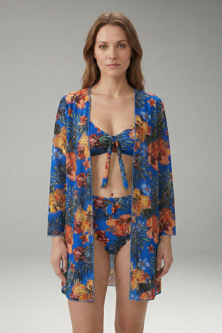 Women's Floral Bikini Set with Tie-Front Top and Cover-Up