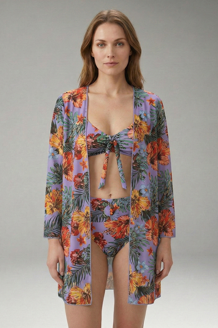 Women's Floral Bikini Set with Tie-Front Top and Cover-Up