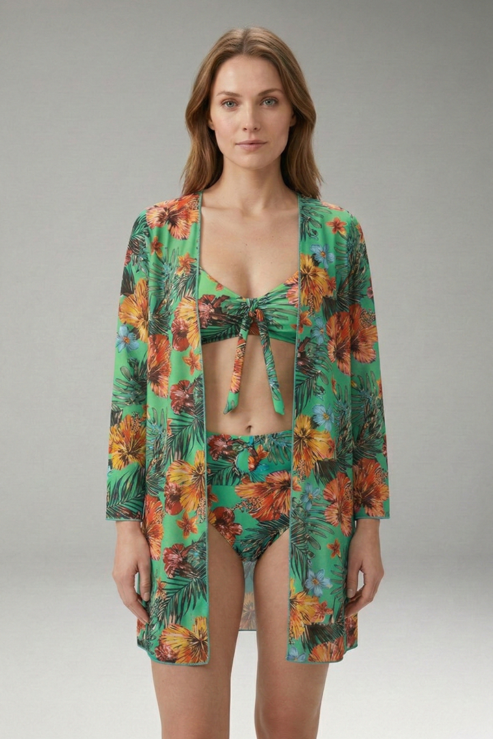Women's Floral Bikini Set with Tie-Front Top and Cover-Up
