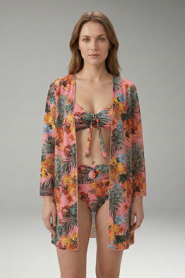 Women's Floral Bikini Set with Tie-Front Top and Cover-Up