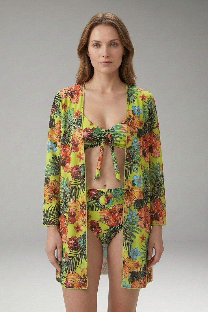 Women's Floral Bikini Set with Tie-Front Top and Cover-Up