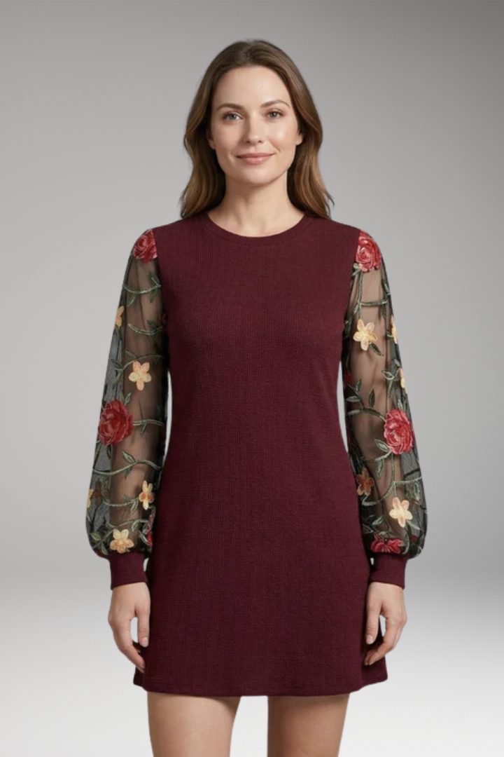 Women's Floral Embroidered Bishop Sleeve Mini Dress with Sheer Sleeves