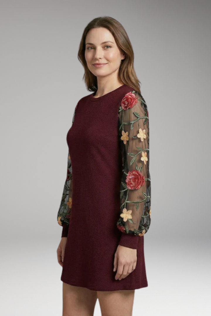 Women's Floral Embroidered Bishop Sleeve Mini Dress with Sheer Sleeves