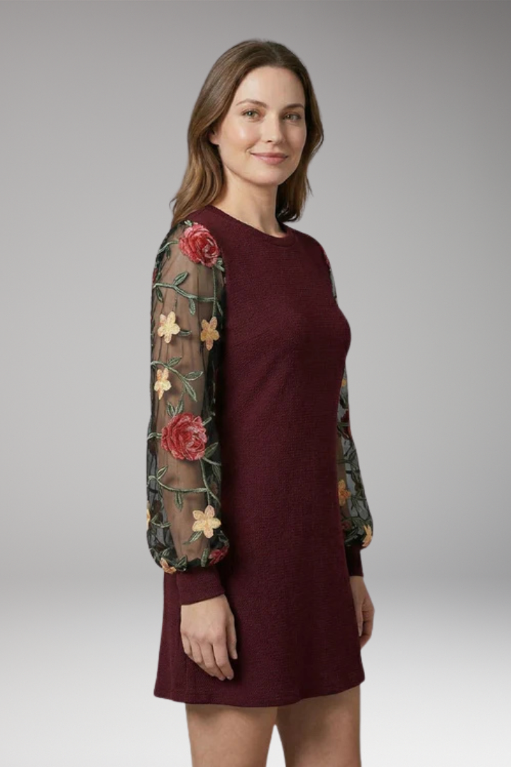 Women's Floral Embroidered Bishop Sleeve Mini Dress with Sheer Sleeves