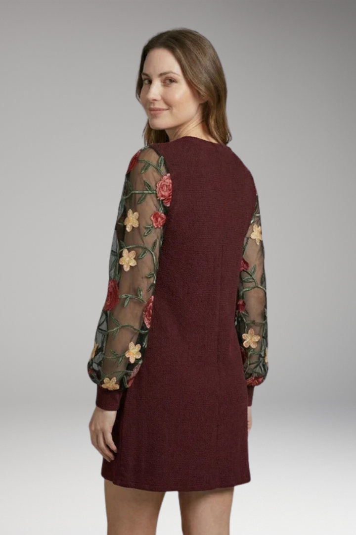 Women's Floral Embroidered Bishop Sleeve Mini Dress with Sheer Sleeves