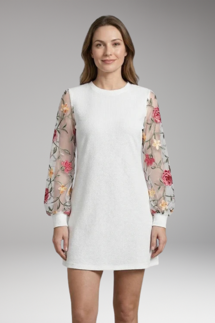 Women's Floral Embroidered Bishop Sleeve Mini Dress with Sheer Sleeves