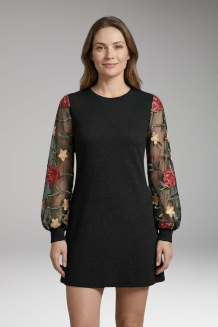 Women's Floral Embroidered Bishop Sleeve Mini Dress with Sheer Sleeves