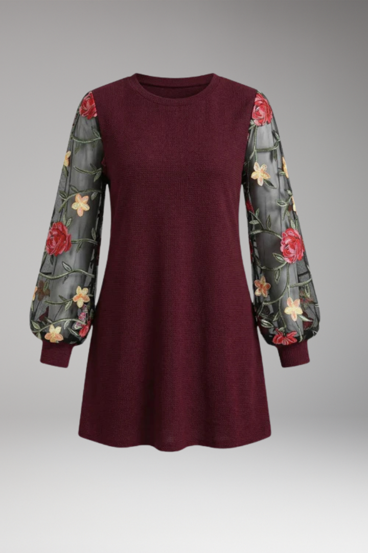 Women's Floral Embroidered Bishop Sleeve Mini Dress with Sheer Sleeves