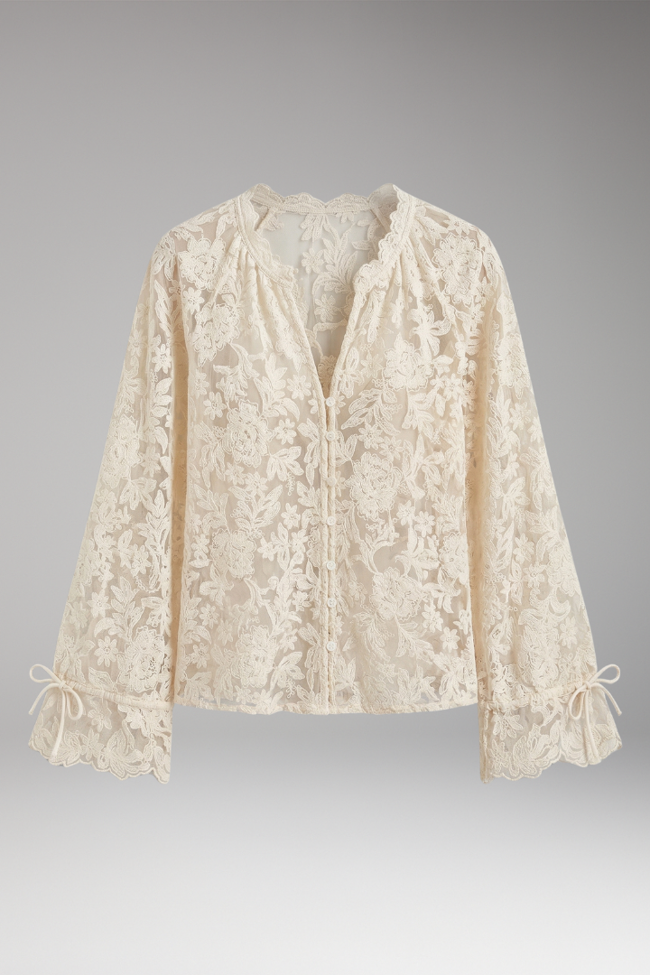 Women's Floral Embroidered Blouse with V-Neck and Bell Sleeves