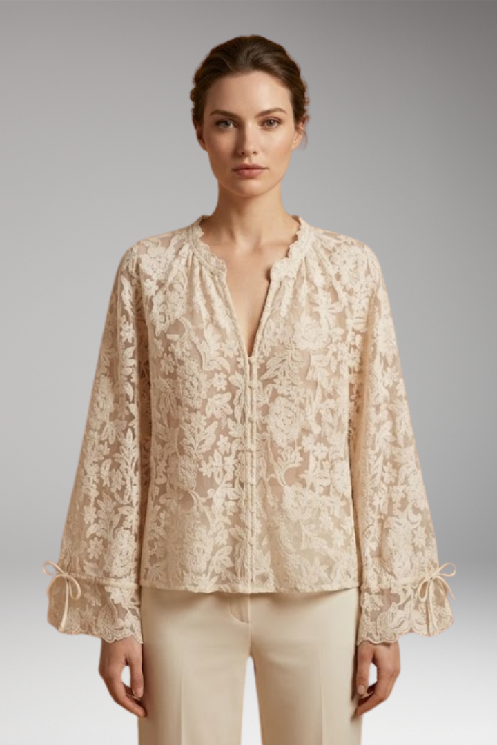 Women's Floral Embroidered Blouse with V-Neck and Bell Sleeves