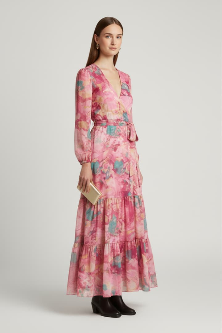 Women’s Maxi Dress with Wrap Neckline and Tie Waist