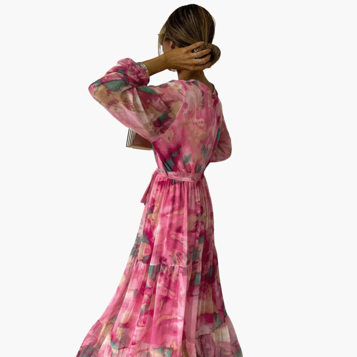 Women’s Floral Wrap Maxi Dress with Long Sleeves