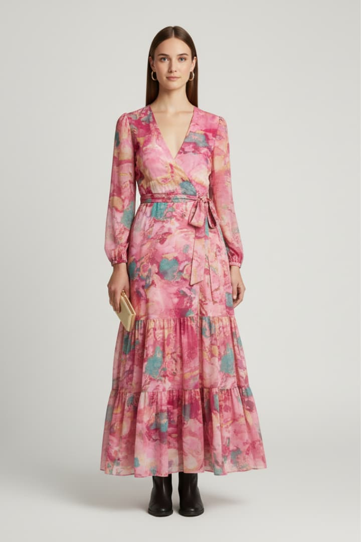 Women’s Maxi Dress with Wrap Neckline and Tie Waist