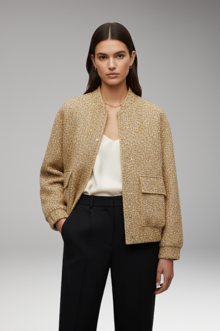 Women's Glitter Bomber Jacket with Front Zipper and Sequins