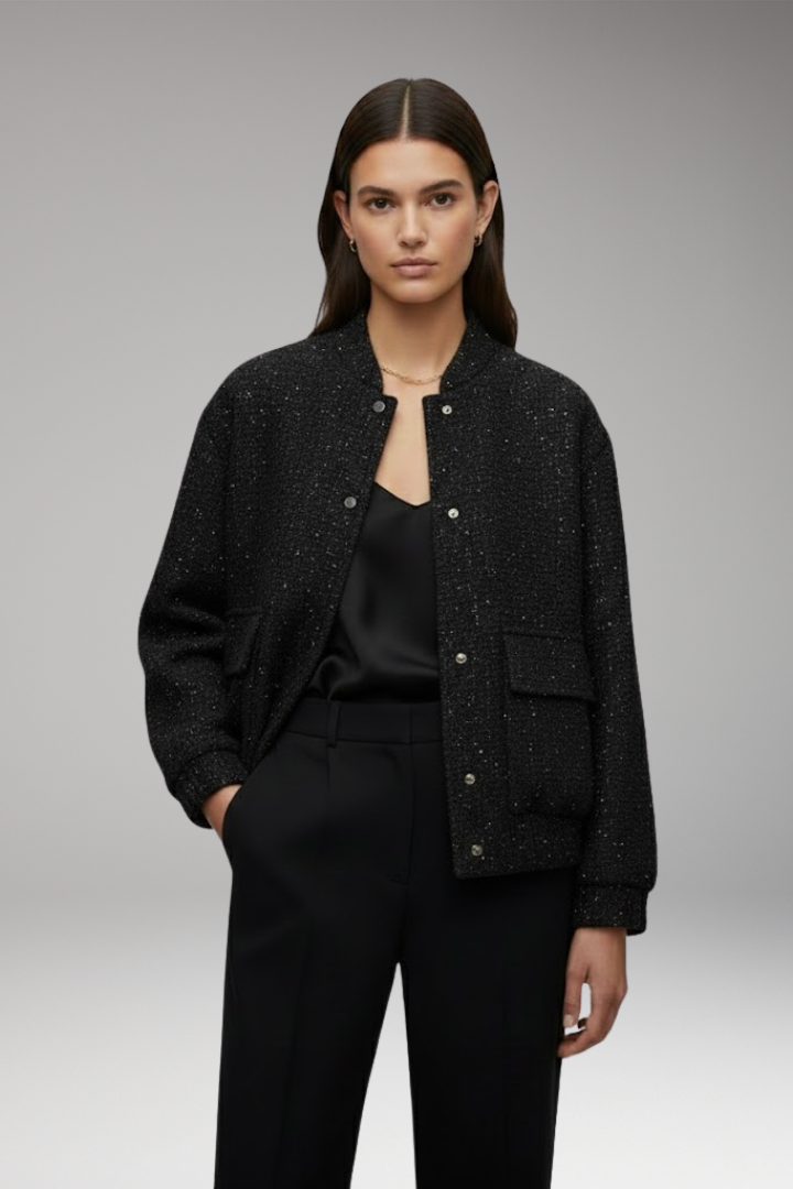 Women's Glitter Bomber Jacket with Front Zipper and Sequins