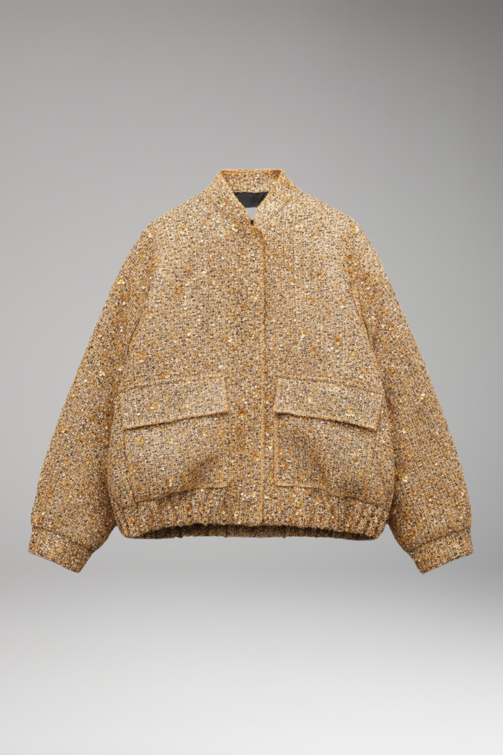 Women's Glitter Bomber Jacket with Front Zipper and Sequins