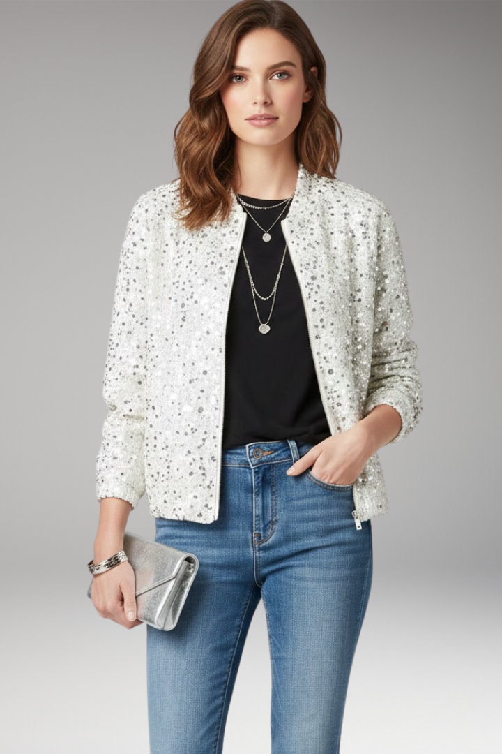 Women's Glitter Bomber Jacket with Zipper and Stand Collar
