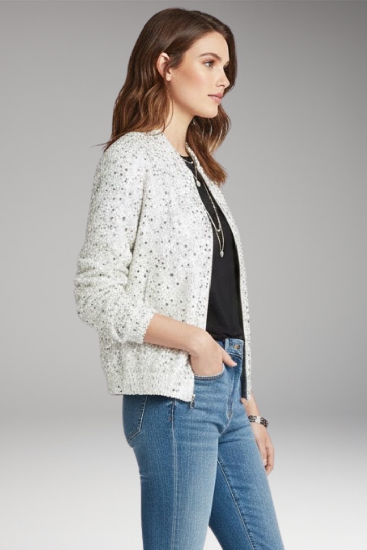 Women's Glitter Bomber Jacket with Zipper and Stand Collar