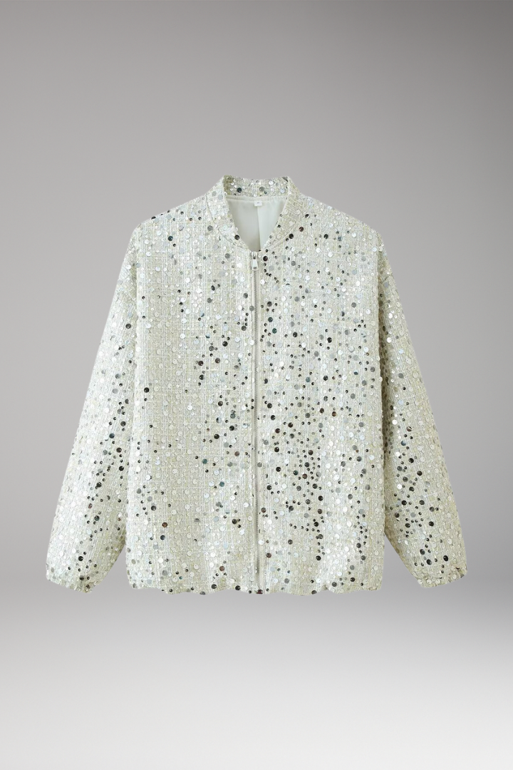 Women's Glitter Bomber Jacket with Zipper and Stand Collar