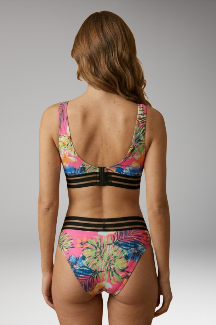Women's High-Waisted Bikini Set with Tropical Print and Elastic Waistband