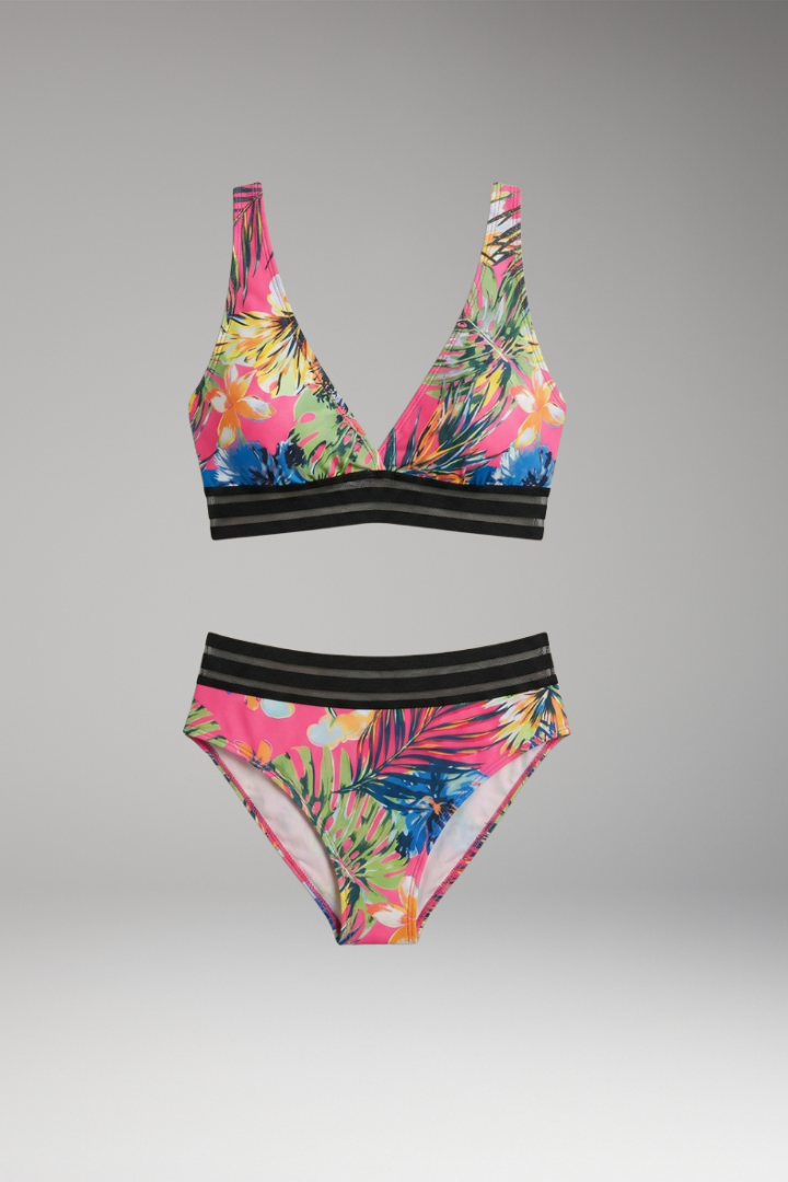 Women's High-Waisted Bikini Set with Tropical Print and Elastic Waistband