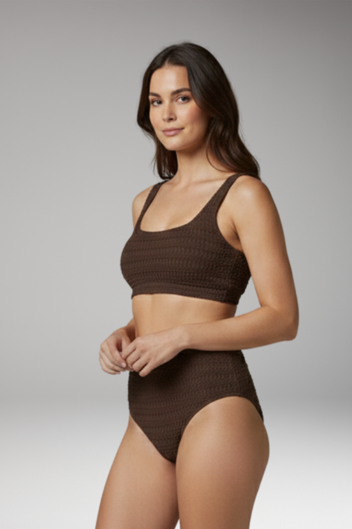Women's High-Waisted Bikini with Textured and Spaghetti Straps