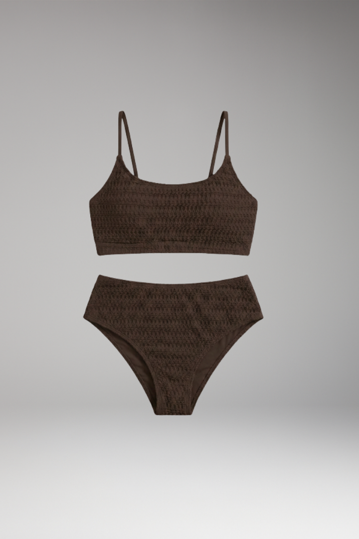 Women's High-Waisted Bikini with Textured and Spaghetti Straps