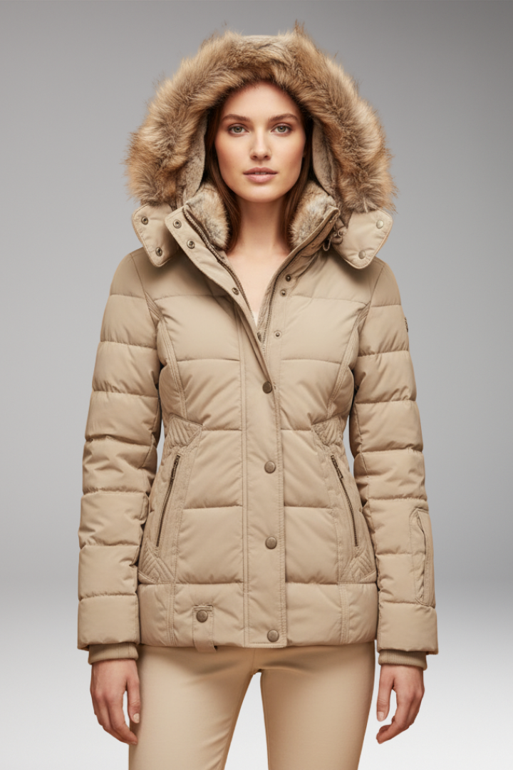 Women’s Hooded Padded Jacket with Faux Fur Hood and Waist Detail