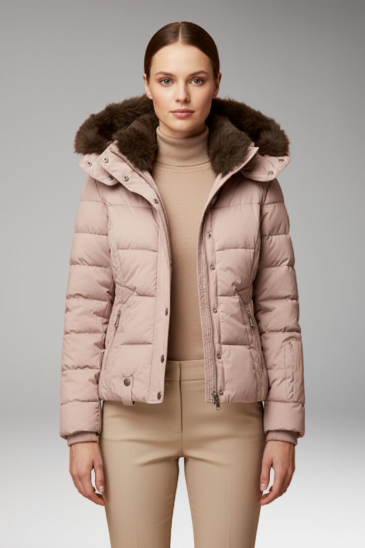 Women’s Hooded Padded Jacket with Faux Fur Hood and Waist Detail