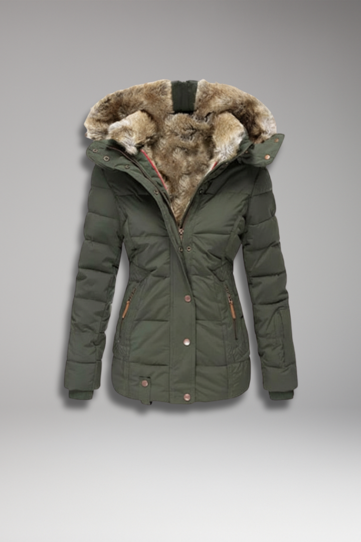 Women’s Hooded Padded Jacket with Faux Fur Hood and Waist Detail