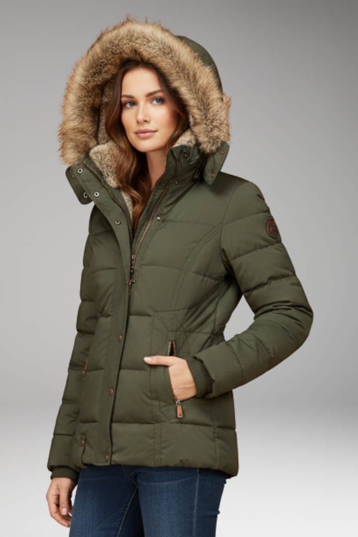 Women’s Hooded Padded Jacket with Faux Fur Hood and Waist Detail