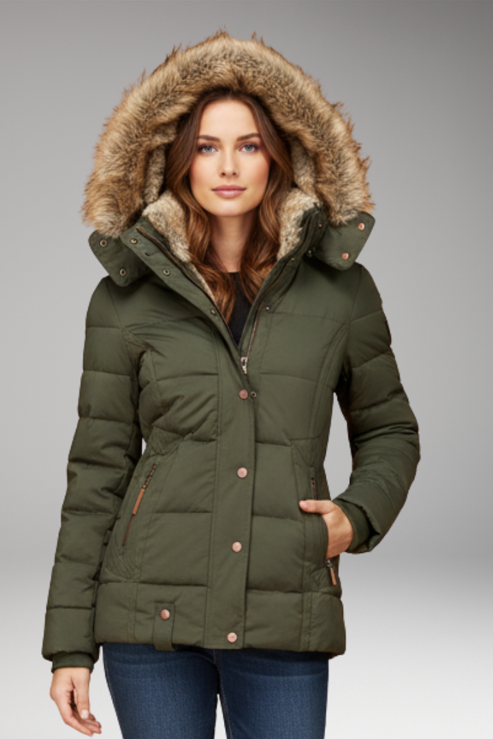 Women’s Hooded Padded Jacket with Faux Fur Hood and Waist Detail