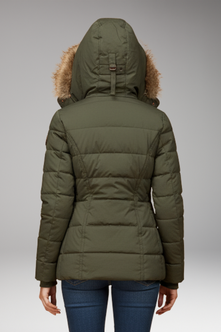 Women’s Hooded Padded Jacket with Faux Fur Hood and Waist Detail