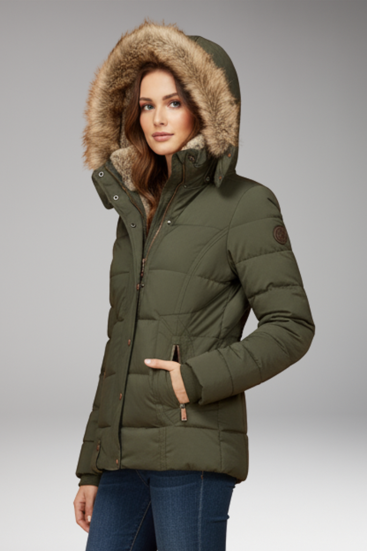 Women’s Hooded Padded Jacket with Faux Fur Hood and Waist Detail