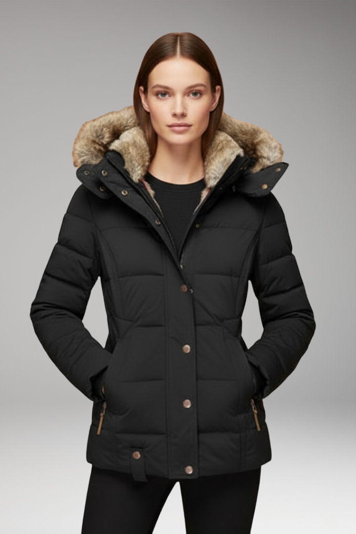 Women’s Hooded Padded Jacket with Faux Fur Hood and Waist Detail