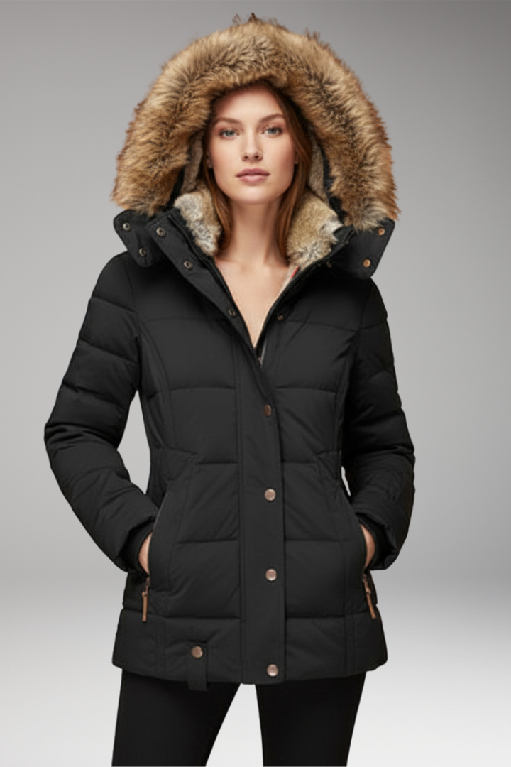 Women’s Hooded Padded Jacket with Faux Fur Hood and Waist Detail