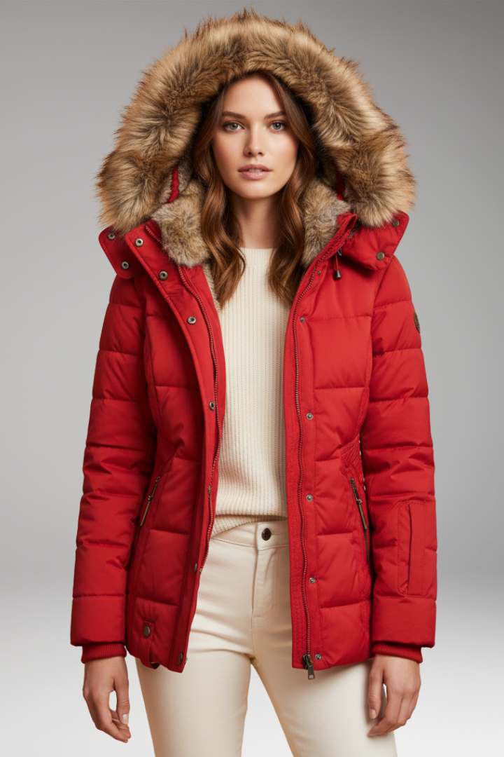 Women’s Hooded Padded Jacket with Faux Fur Hood and Waist Detail