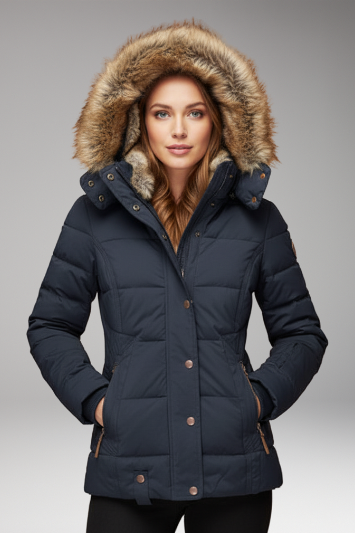 Women’s Hooded Padded Jacket with Faux Fur Hood and Waist Detail