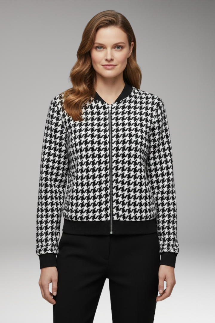 Women's Jacket with Check Surface and Front Closure