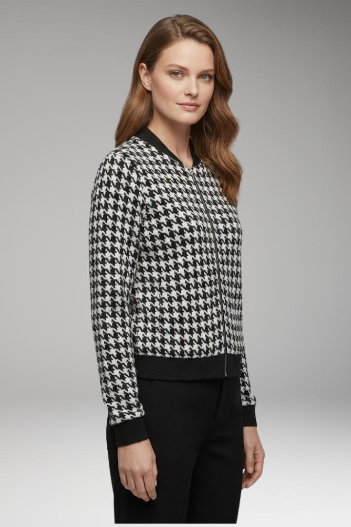 Women's Jacket with Check Surface and Front Closure