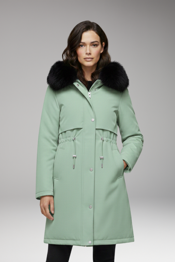 Women's Jacket with Faux-Fur Collar and Adjustable Waist