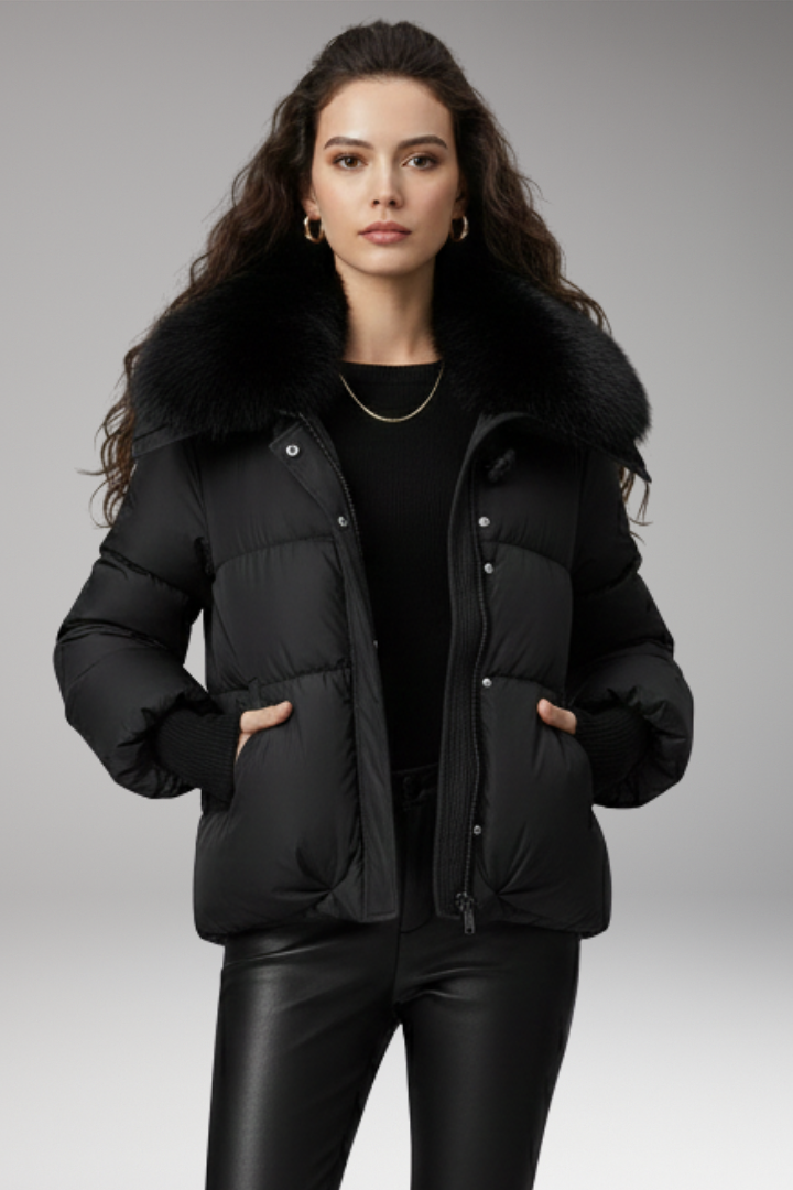 Women's Jacket with Faux Fur Collar and Quilted Surface